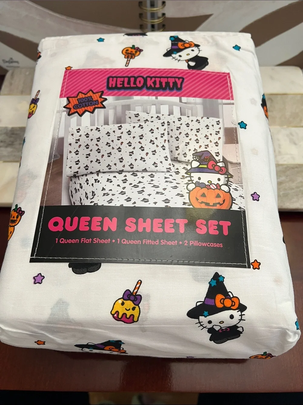 Hello Kitty White Halloween Queen Sheet Set with Cute Witch Print